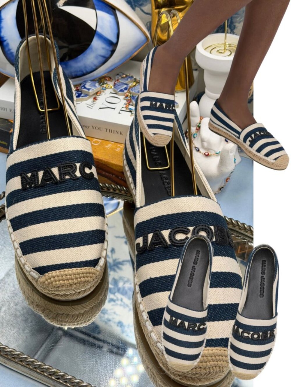 🆕 MARC JACOBS 🧿 NWOB Stripe Canvas Logo Espadrilles, Blue & Ivory - Sz 40 US10